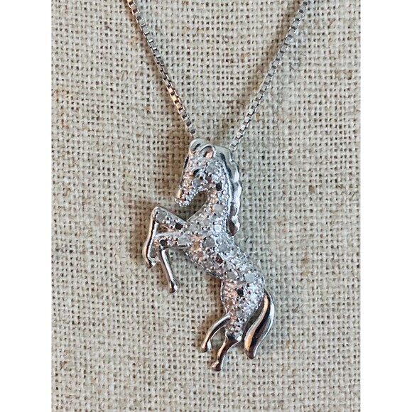 925 sterling silver genuine diamond horse Pendant Necklace 18"